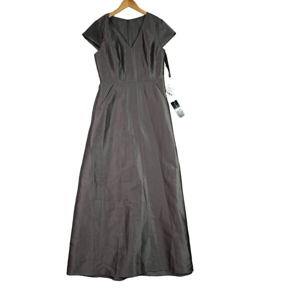 Alfred Sung Satin Twill Maxi Dress Gray 12R NWT Cap Sleeve Wedding Formal Gown - Picture 2 of 11